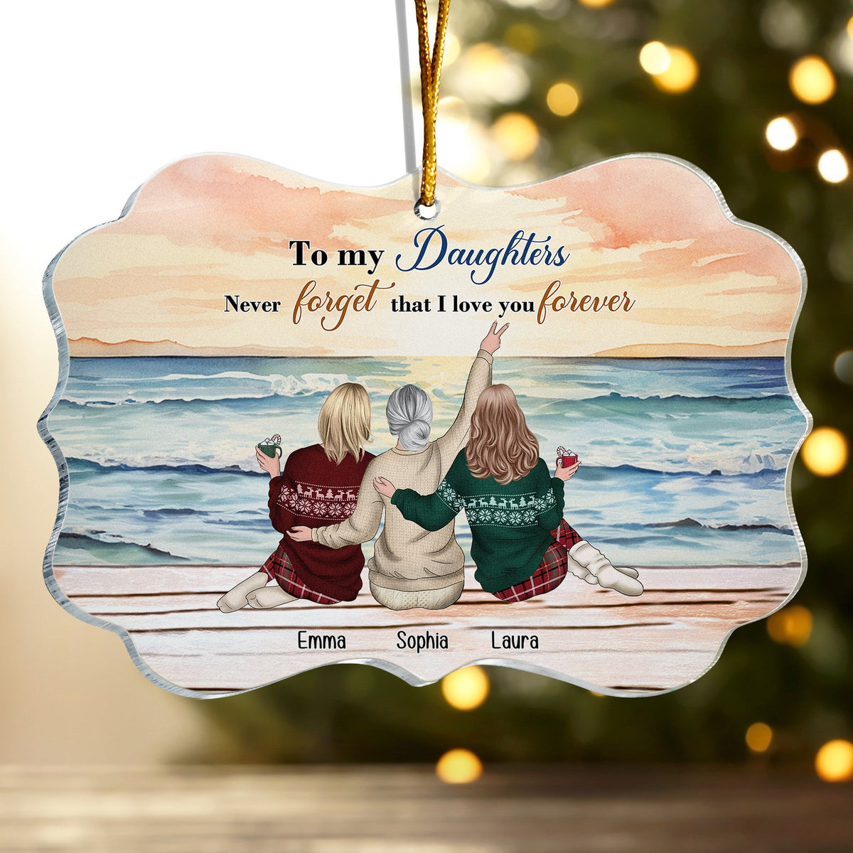 Personalized 'To My Daughters' acrylic ornament, beach scene, loving keepsake.