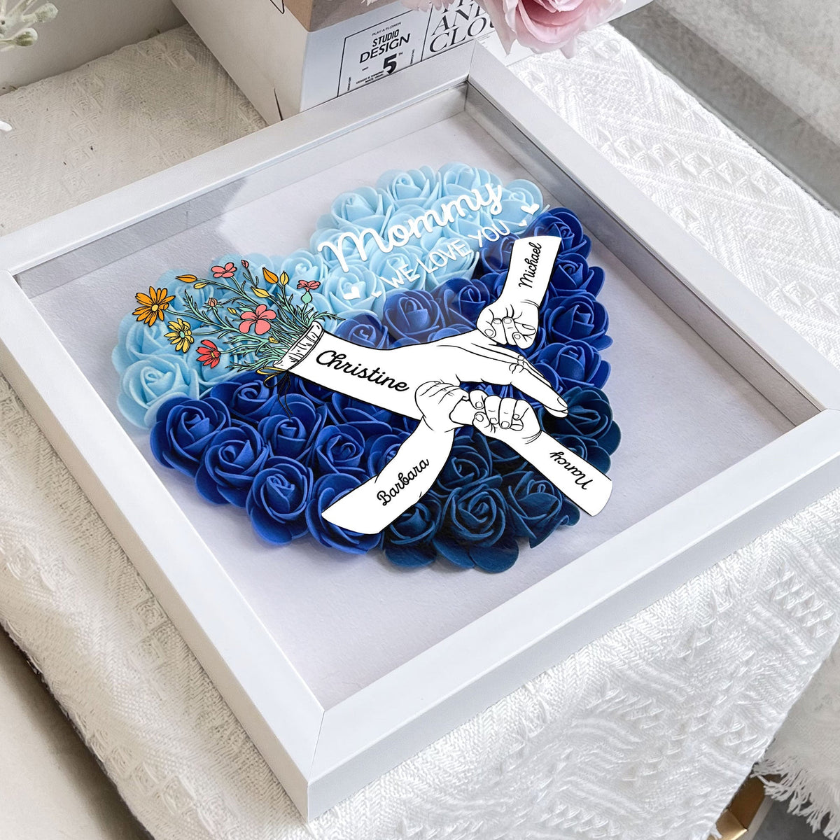 Personalized We Love You Mommy flower shadow box, heart design, Mother's Day gift, blue flowers.