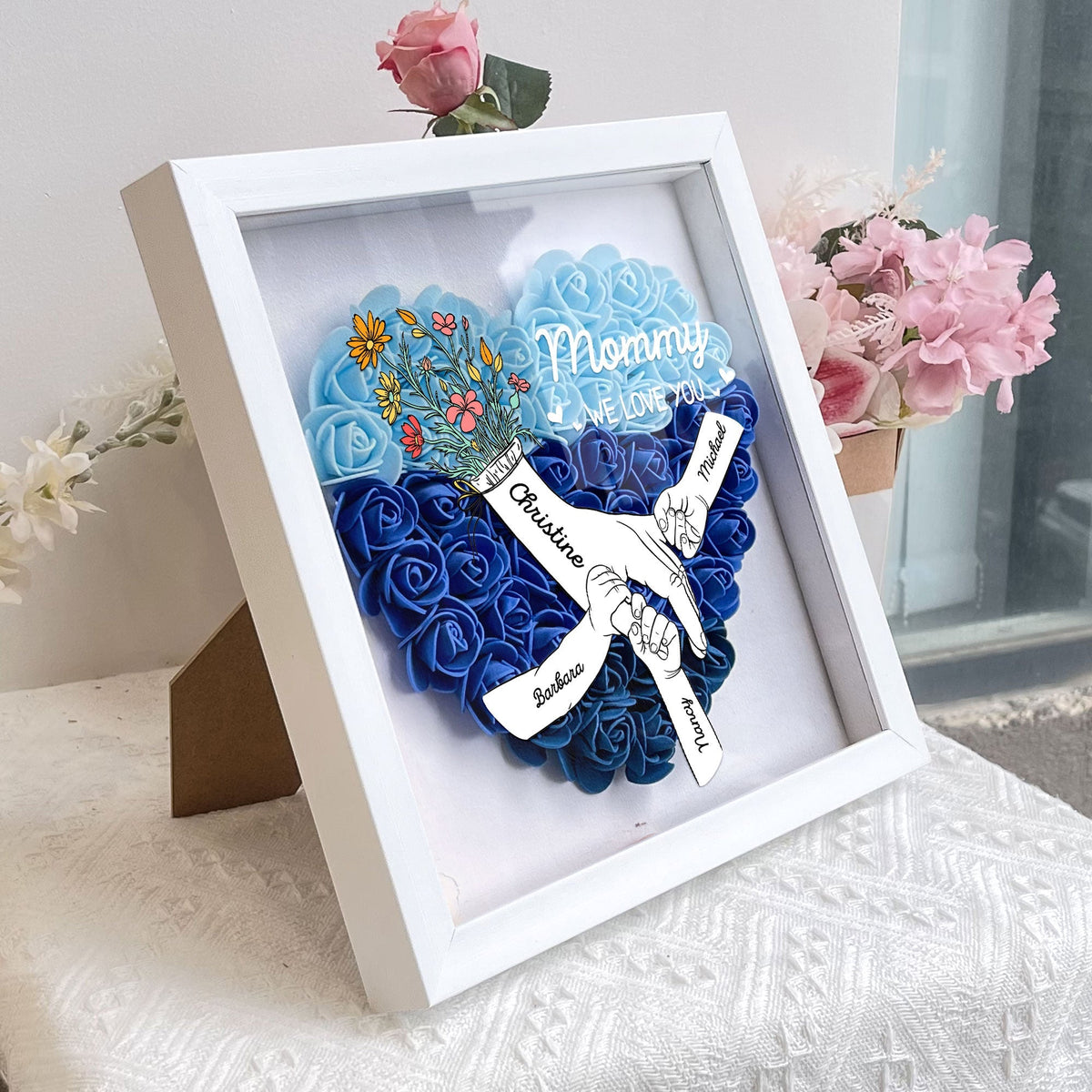 Mom flower shadow box with We Love You, heart-shaped design, blue flowers, ideal Mother's Day gift.