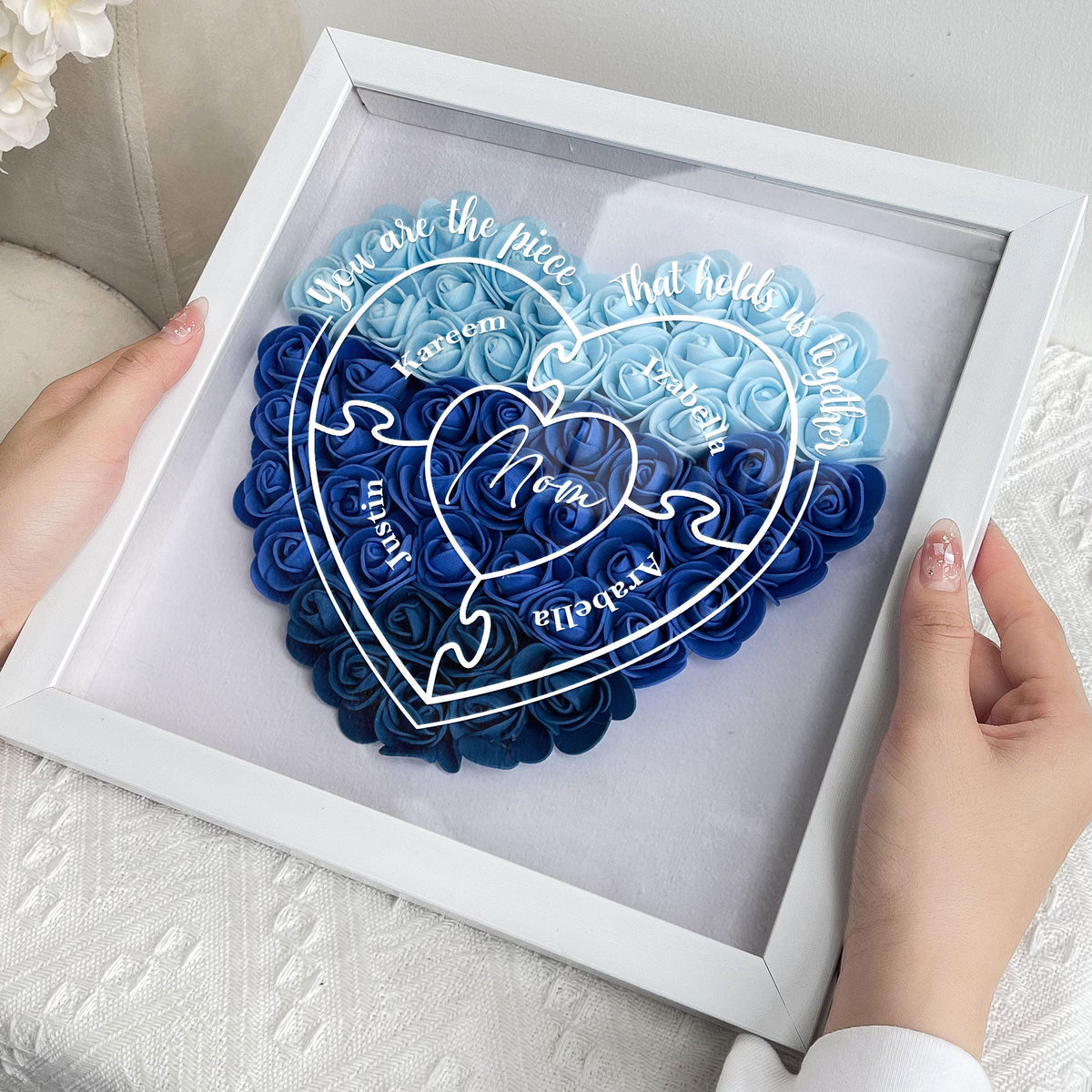 Blue heart floral shadow box for Mom, "You Are The Piece That Hold Us Together" gift in white frame.