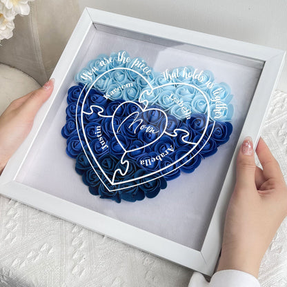 Blue heart floral shadow box for Mom, "You Are The Piece That Hold Us Together" gift in white frame.