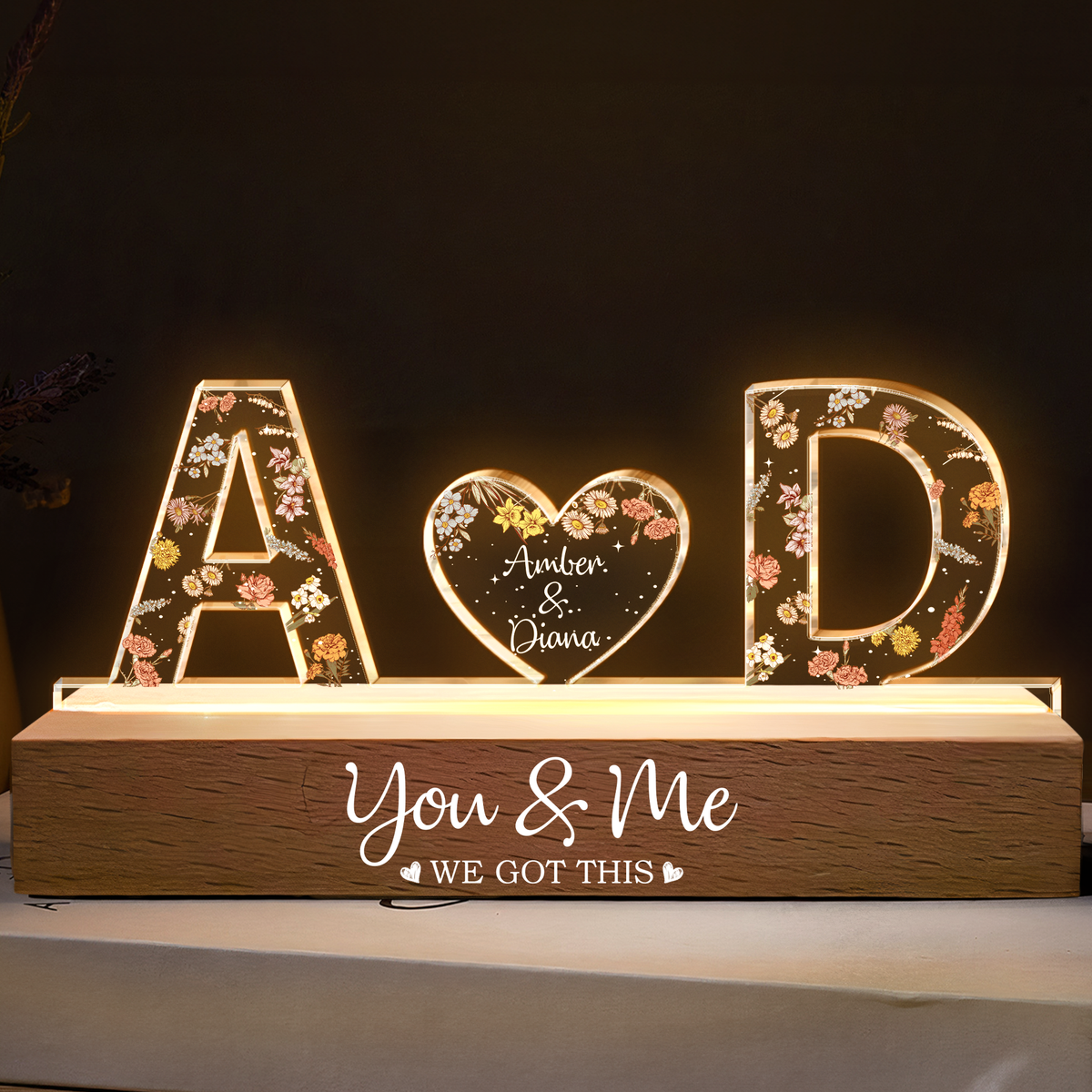 Personalized LED Night Light with initials A & D and "You & Me We Got This" message, a unique anniversary gift.