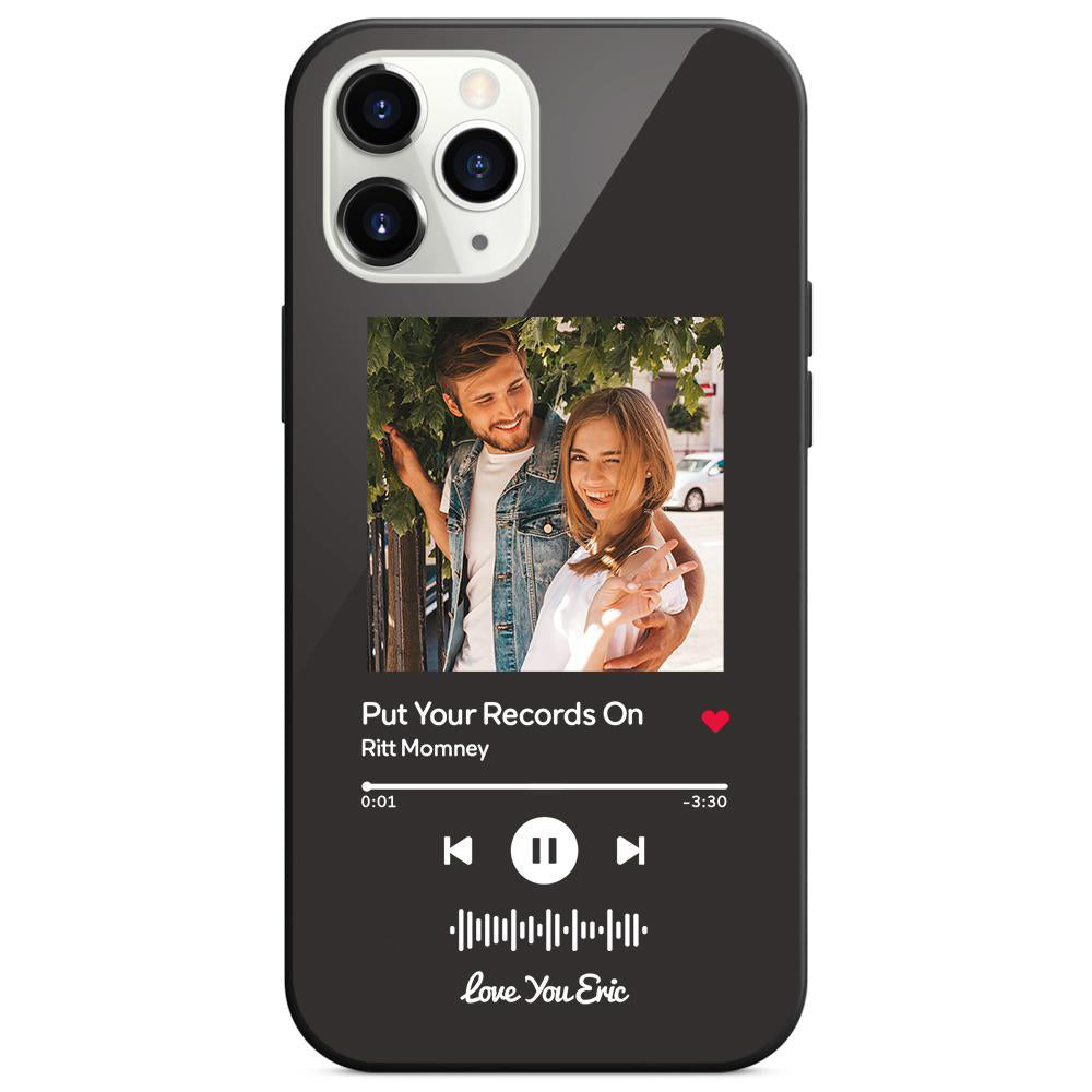 Custom Black Glass iPhone Case with Couple Photo and Scannable Music Code