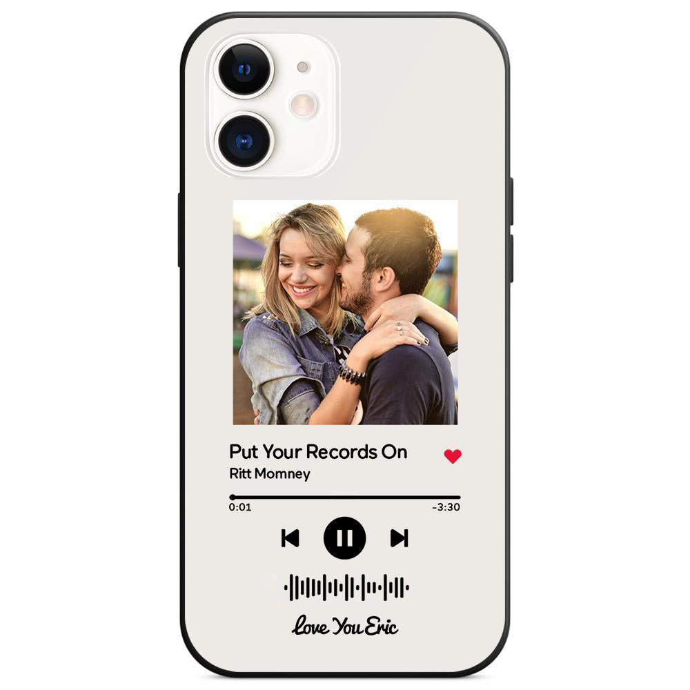 Custom white glass iPhone case with couple photo and scannable music code, song: Put Your Records On, personalized gift.