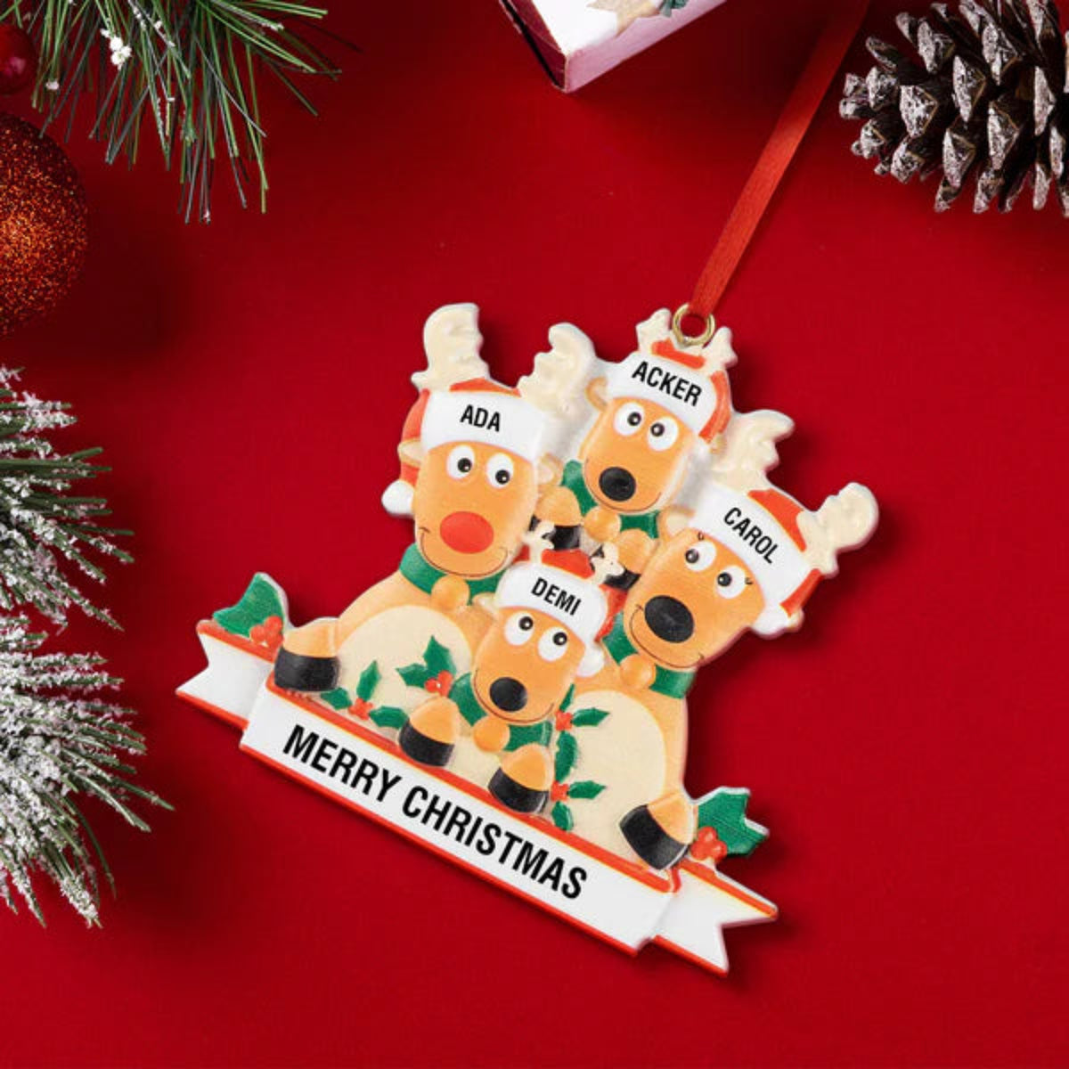 Personalized Reindeer Family Christmas Ornament with Custom Names, Resin with Merry Christmas Text