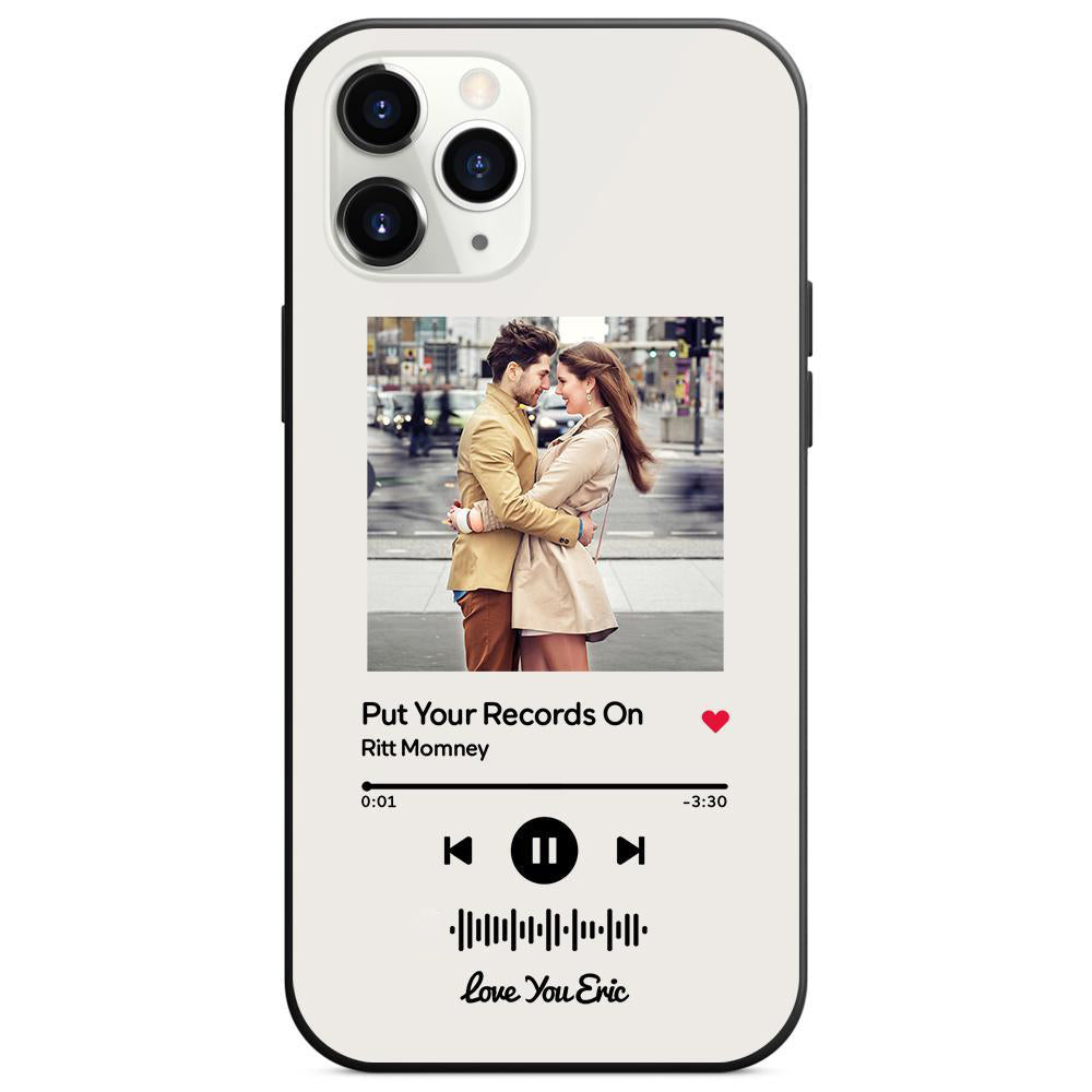 Custom white glass iPhone case with couple photo and scannable music code, song: Put Your Records On, personalized gift
