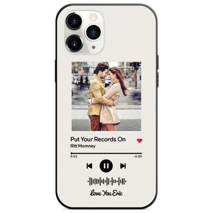Custom white glass iPhone case with couple photo and scannable music code, song: Put Your Records On, personalized gift