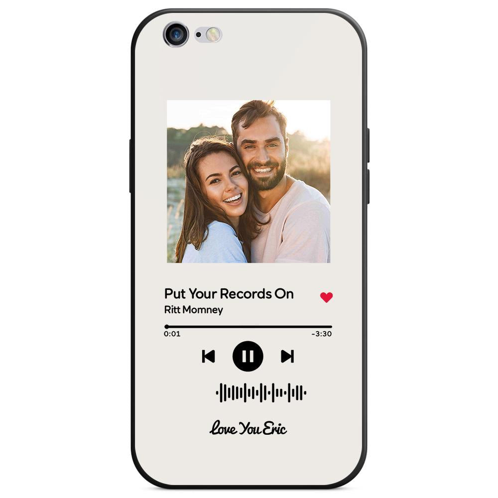 Custom white iPhone case with couple photo & music code for "Put Your Records On".