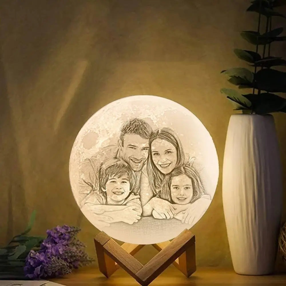 Custom 3D printed moon lamp with family photo, perfect Christmas gift. Features a warm light and wooden base for home decor.