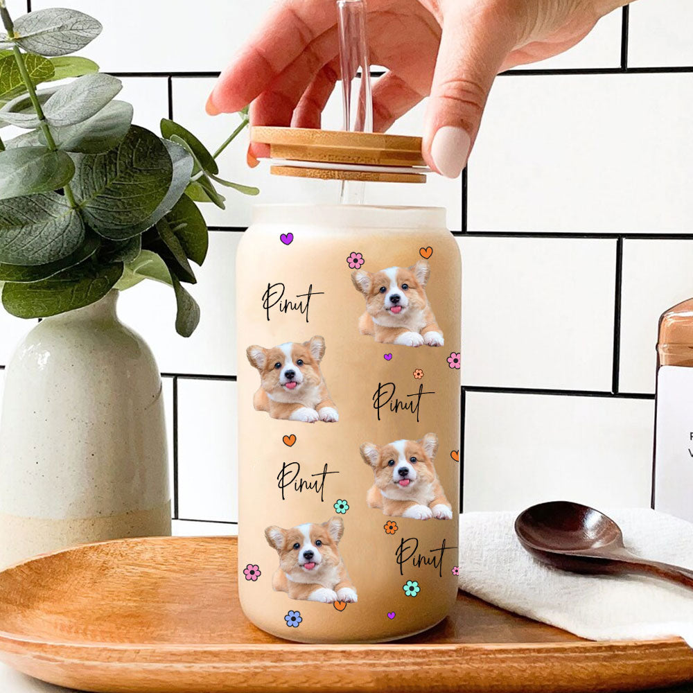 Frosted glass bottle with dog mom design and bamboo lid, perfect gift for pet lovers