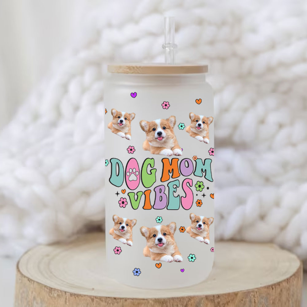 Dog Mom Vibes frosted glass bottle with bamboo lid, puppy design, perfect pet lover gift