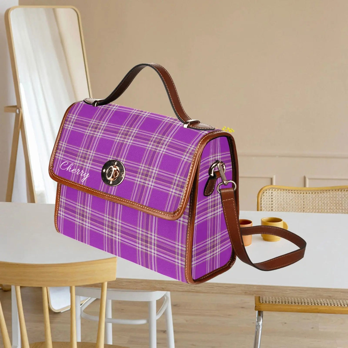 Personalized Waterproof Canvas Shoulder Strap Bag Tartan - Piryoung Shop