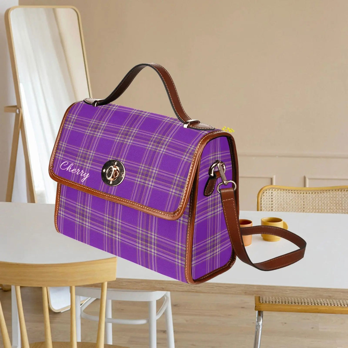 Personalized Waterproof Canvas Shoulder Strap Bag Tartan - Piryoung Shop