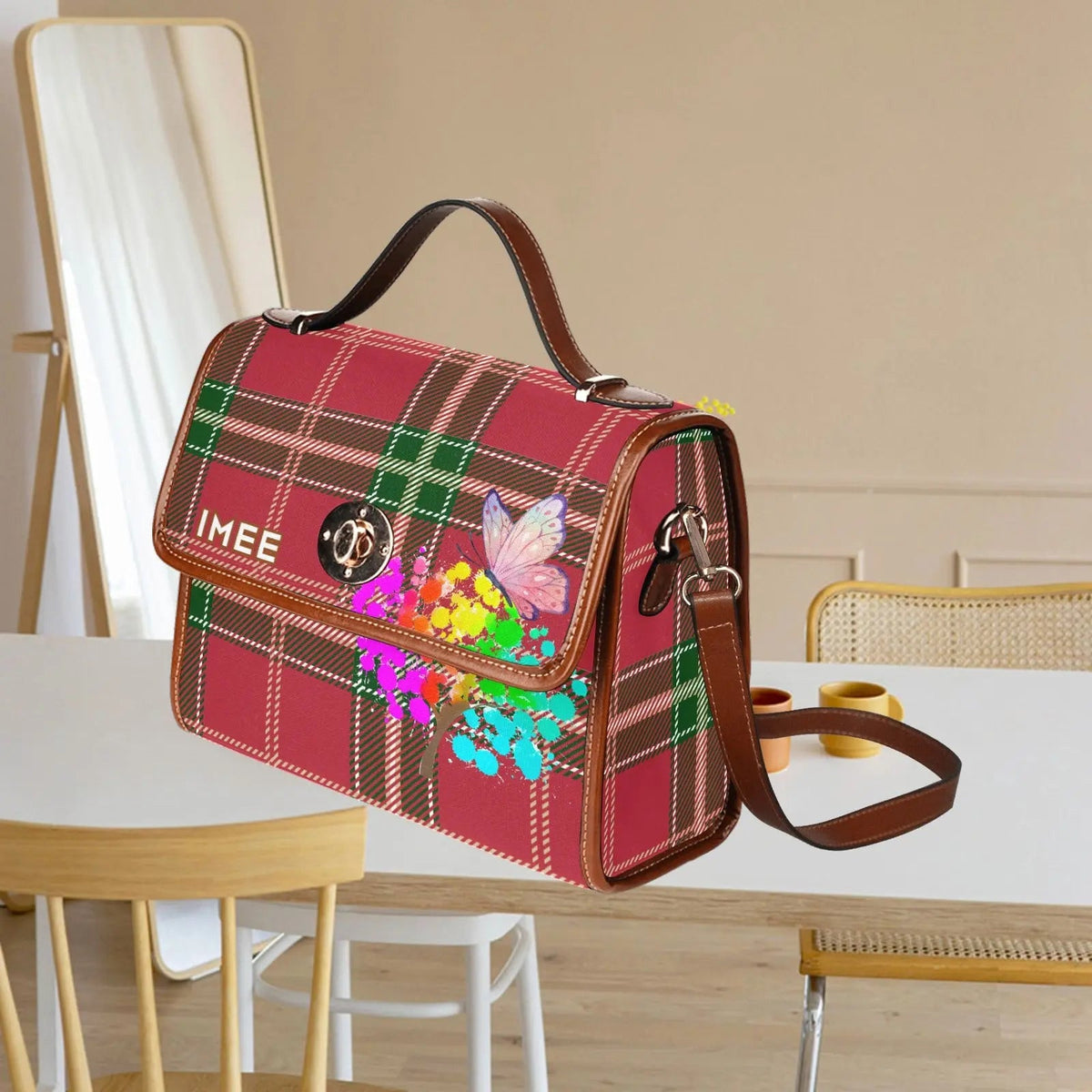 Personalized Waterproof Canvas Shoulder Strap Bag Tartan Art Flower with Butterfly - Piryoung Shop