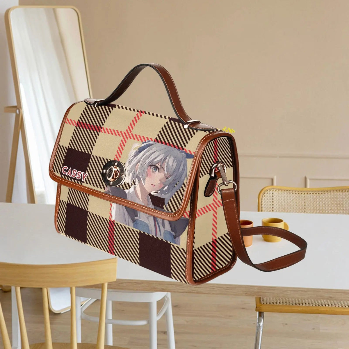 Personalized Waterproof Canvas Shoulder Strap Bag Tartan Brown Anime - Piryoung Shop
