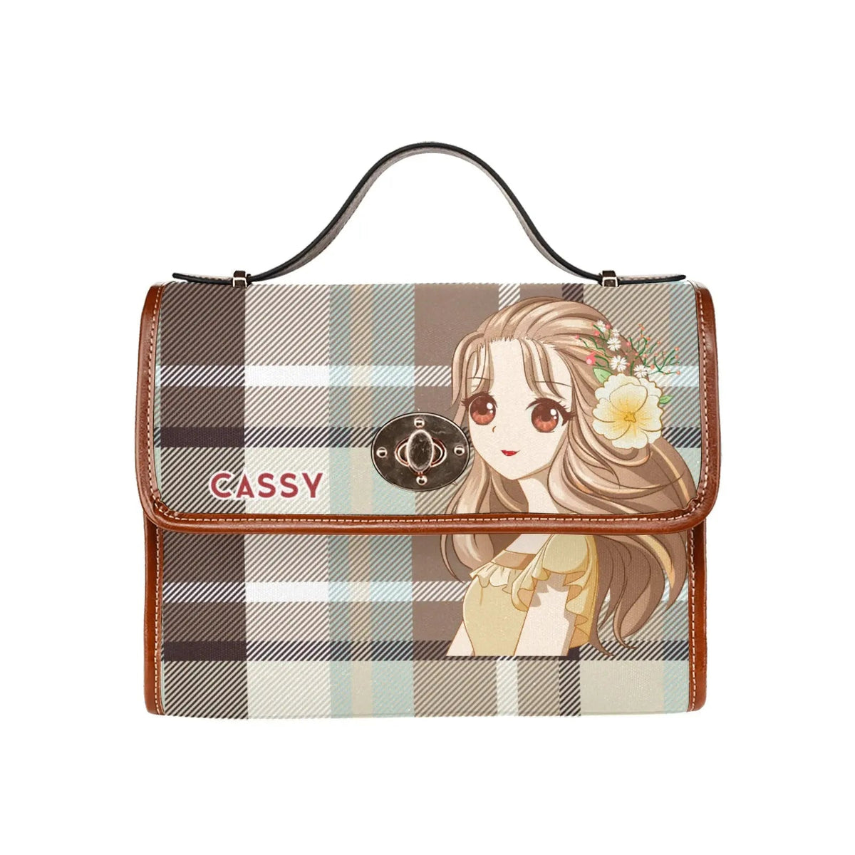 Personalized Waterproof Canvas Shoulder Strap Bag Tartan Brown Anime - Piryoung Shop