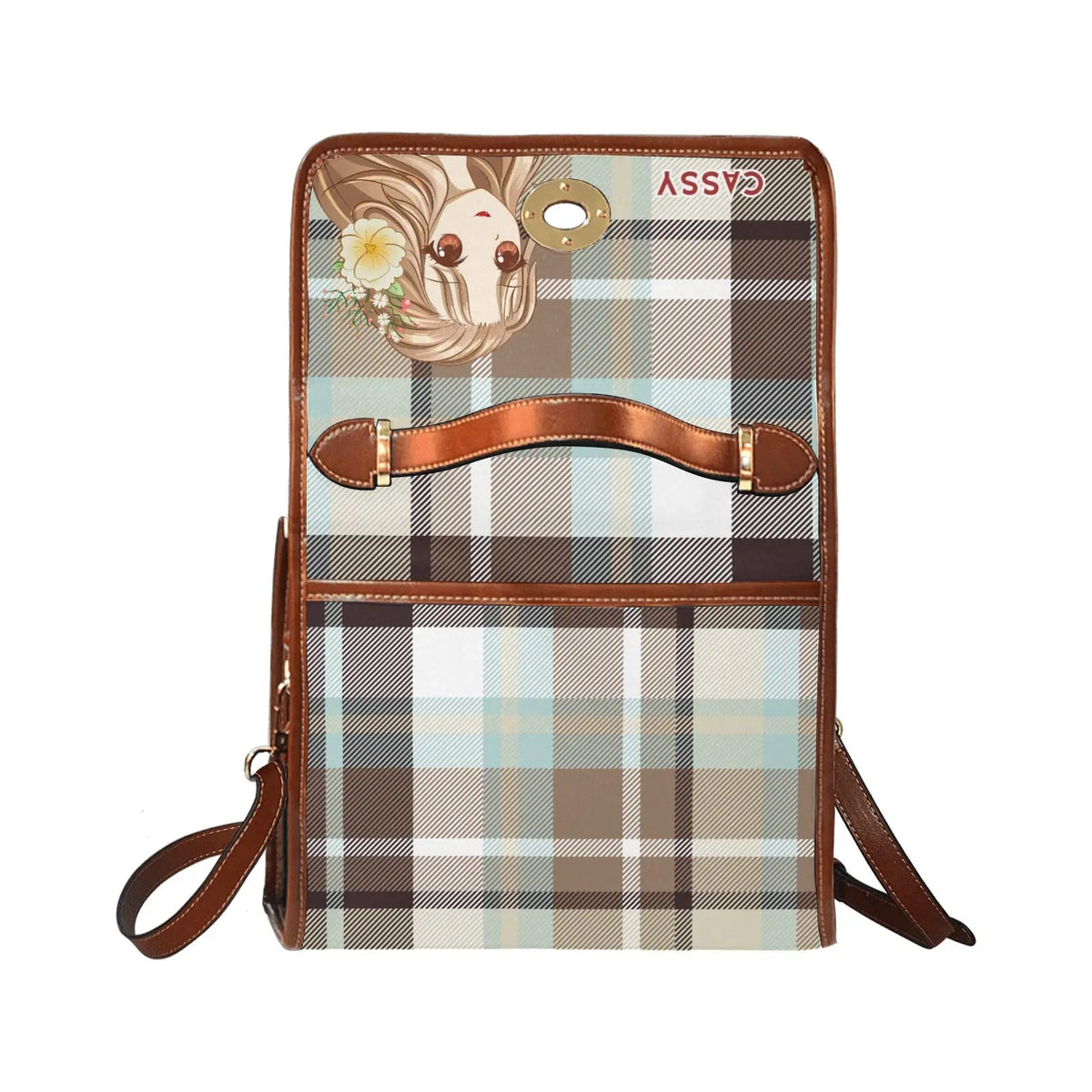 Personalized Waterproof Canvas Shoulder Strap Bag Tartan Brown Anime - Piryoung Shop