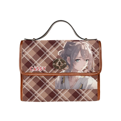 Personalized Waterproof Canvas Shoulder Strap Bag Tartan Brown Anime - Piryoung Shop