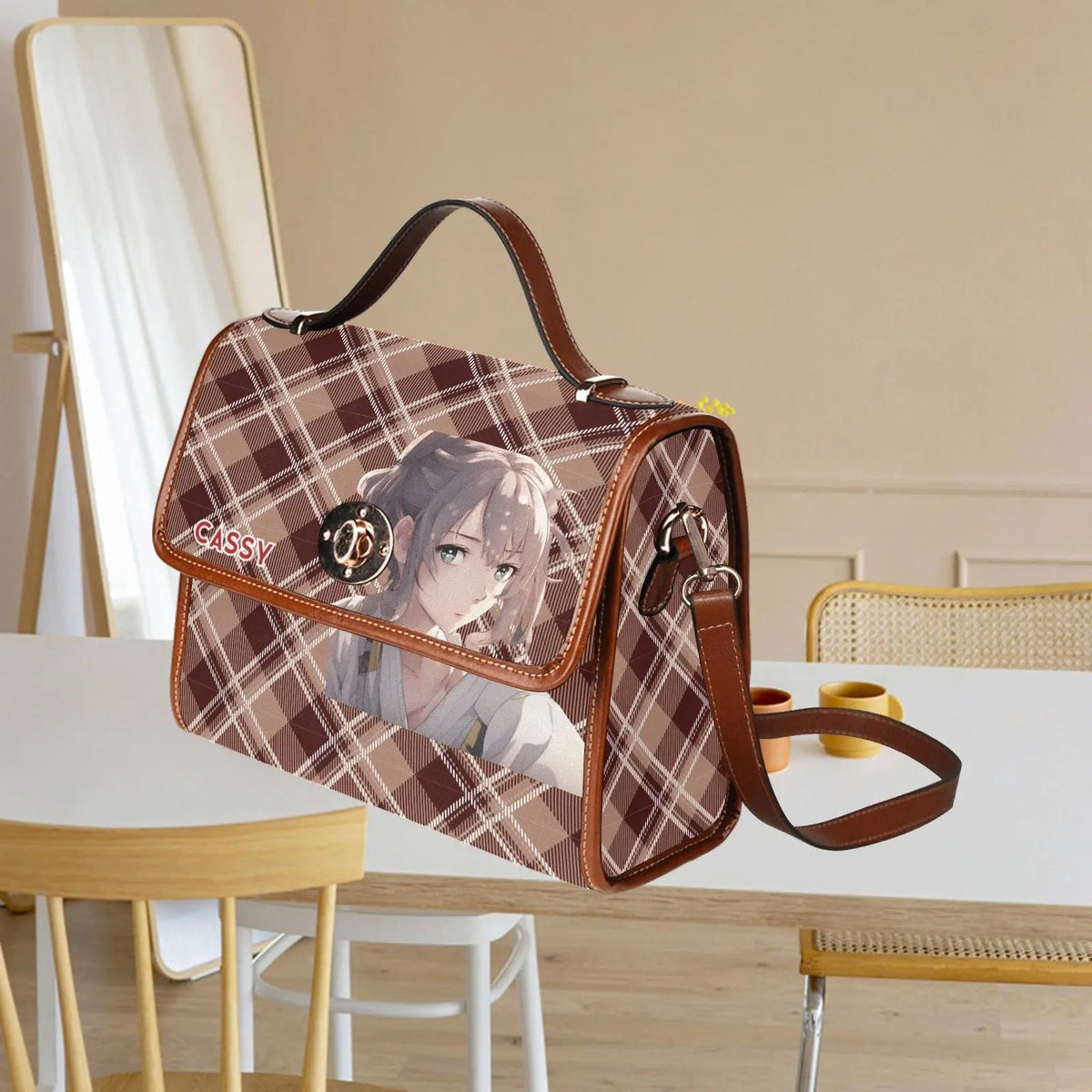 Personalized Waterproof Canvas Shoulder Strap Bag Tartan Brown Anime - Piryoung Shop