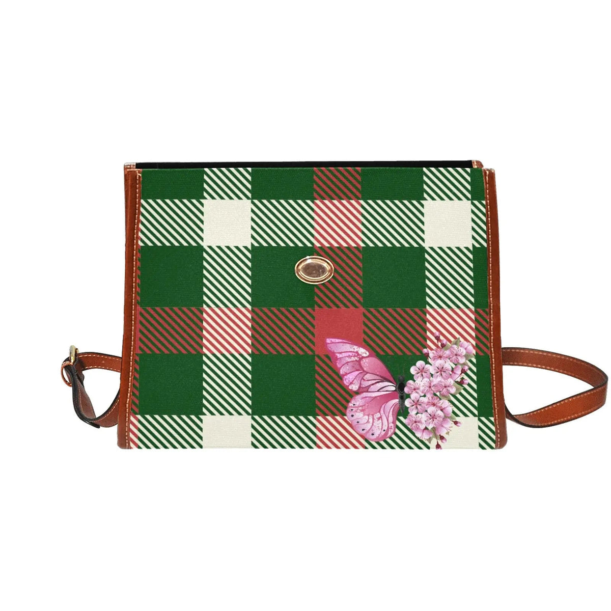 Personalized Waterproof Canvas Shoulder Strap Bag Tartan Butterfly - Piryoung Shop