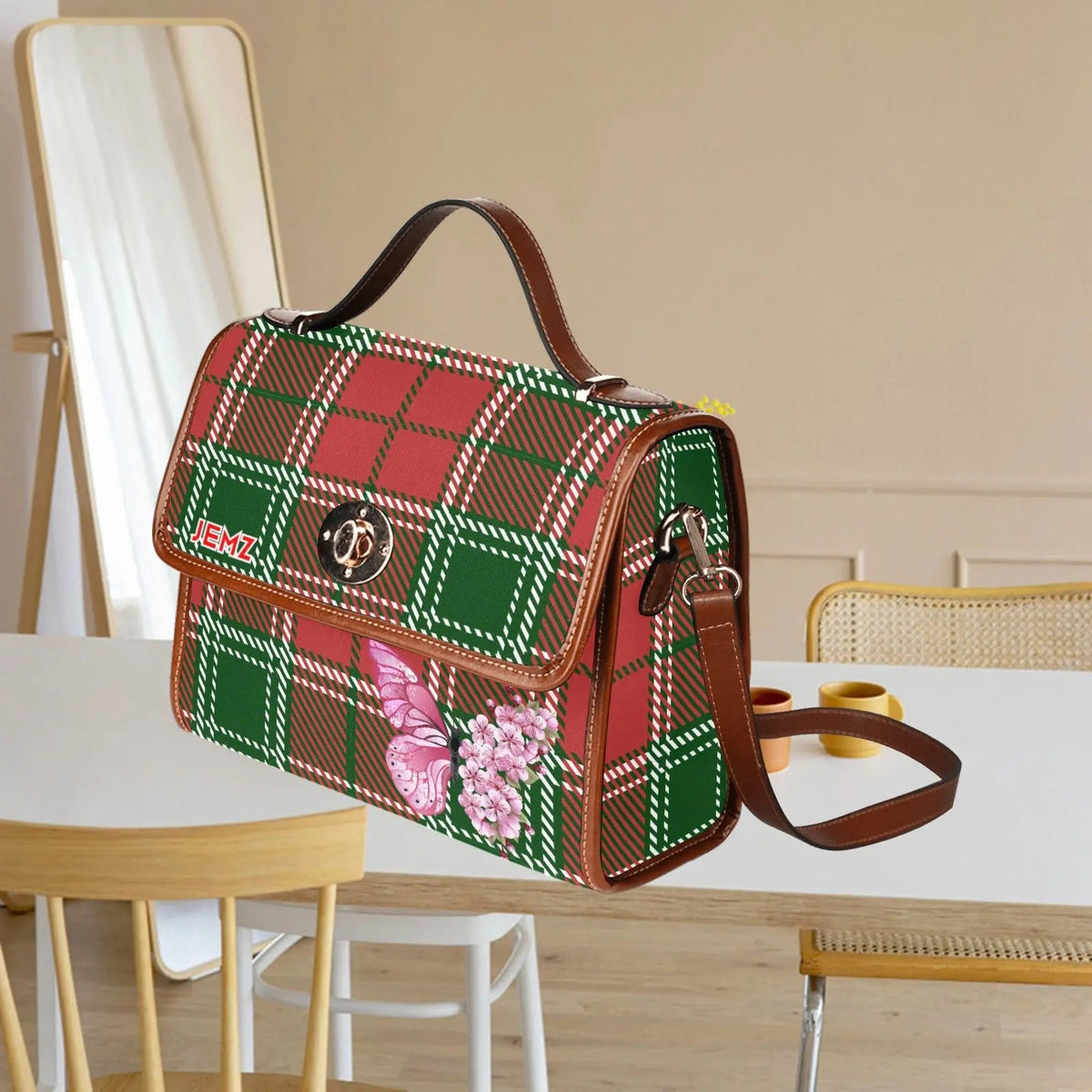 Personalized Waterproof Canvas Shoulder Strap Bag Tartan Butterfly - Piryoung Shop