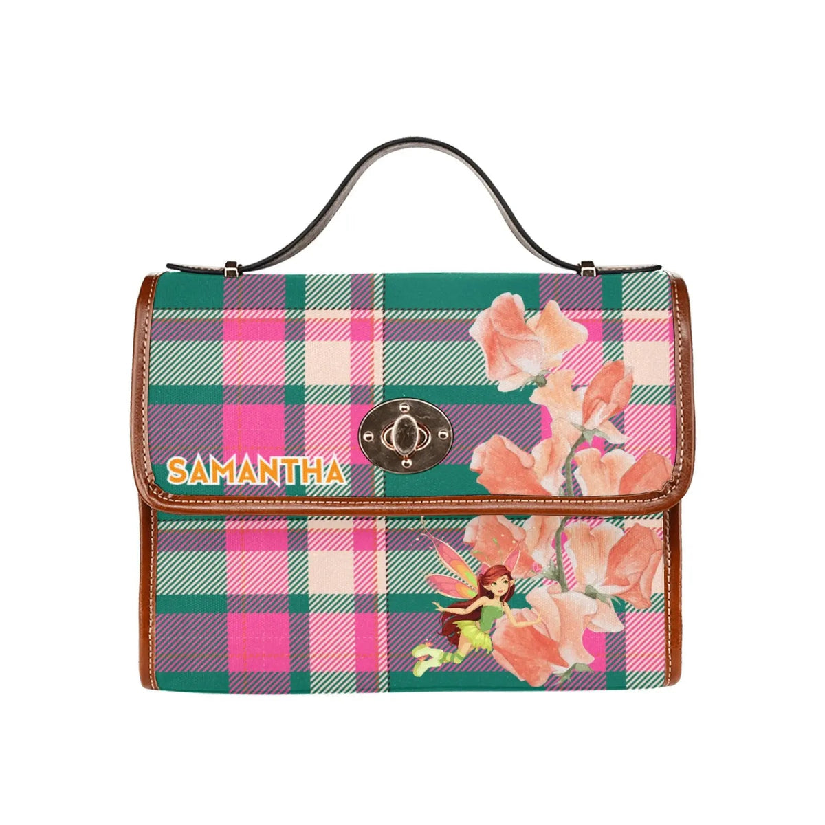 Personalized Waterproof Canvas Shoulder Strap Bag Tartan Fairy Flower - Piryoung Shop