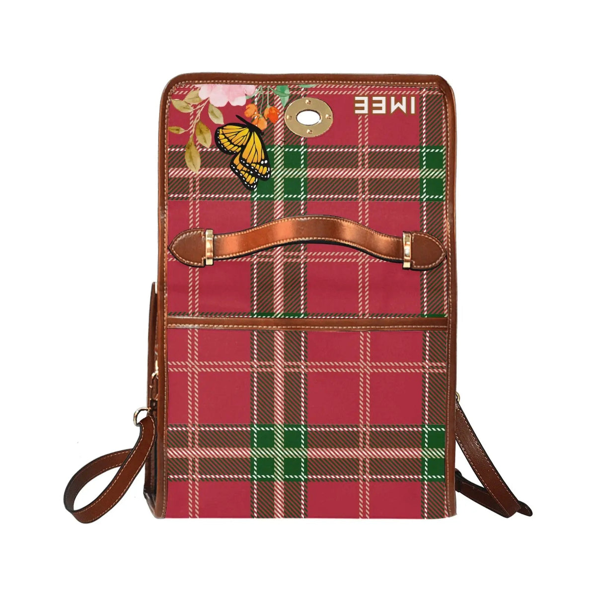 Personalized Waterproof Canvas Shoulder Strap Bag Tartan Flower Butterfly - Piryoung Shop