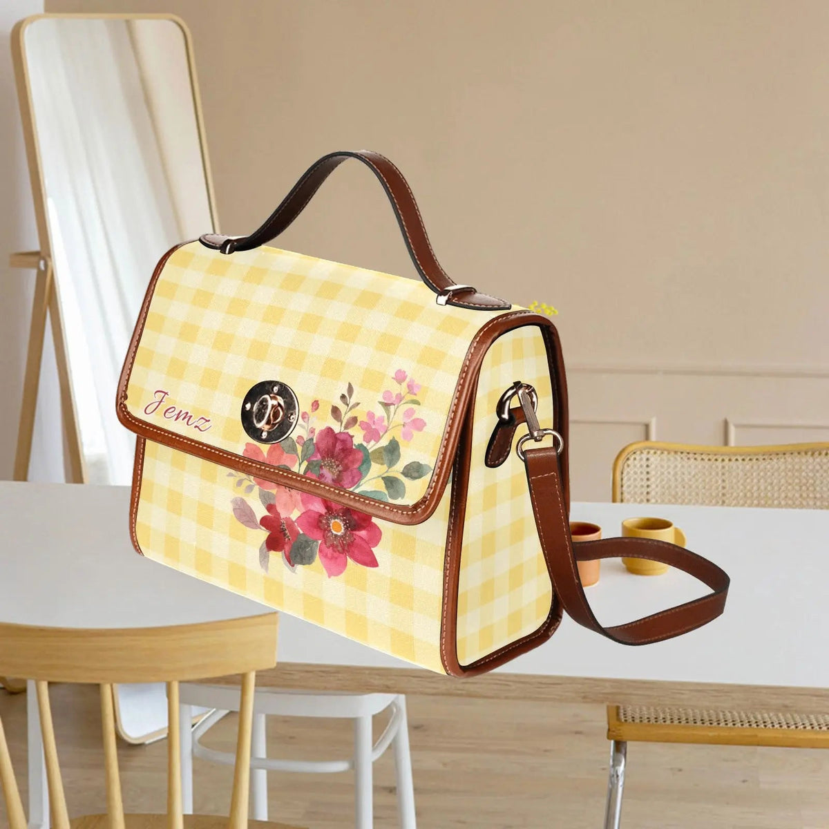 Personalized Waterproof Canvas Shoulder Strap Bag Tartan Flower Design - Piryoung Shop