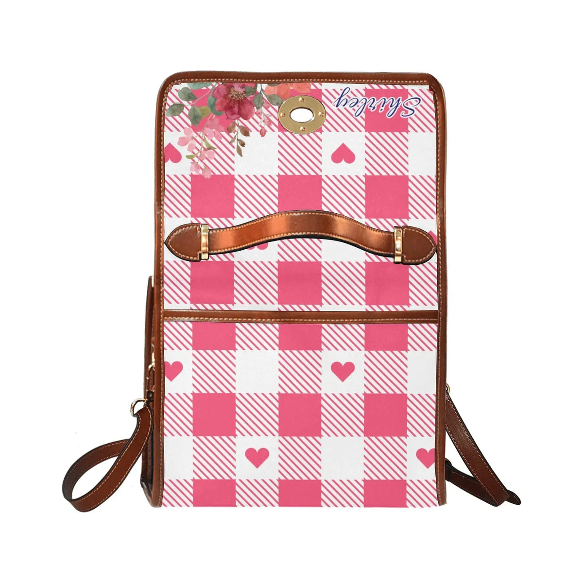 Personalized Waterproof Canvas Shoulder Strap Bag Tartan Heart Pink Flower Combo - Piryoung Shop