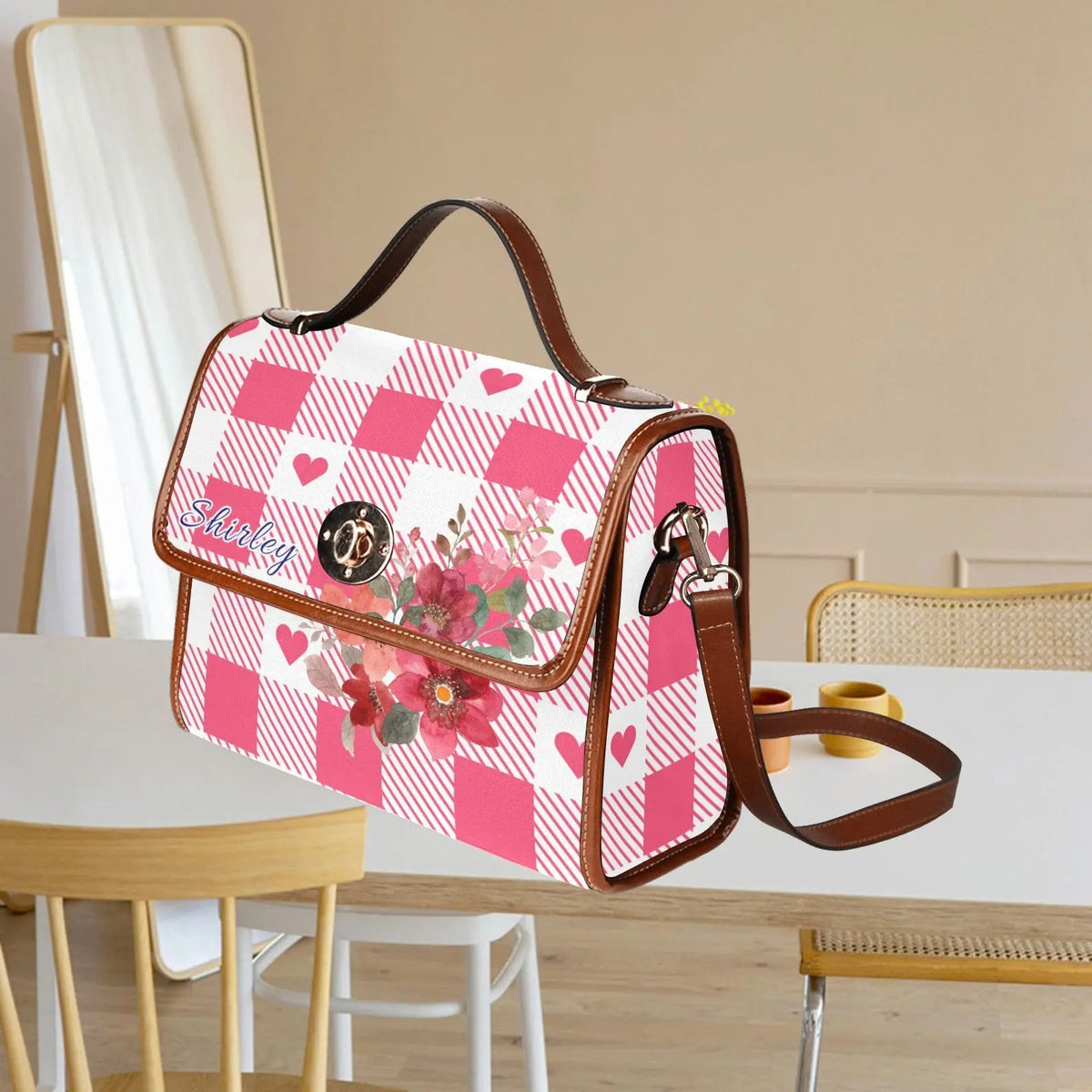 Personalized Waterproof Canvas Shoulder Strap Bag Tartan Heart Pink Flower Combo - Piryoung Shop
