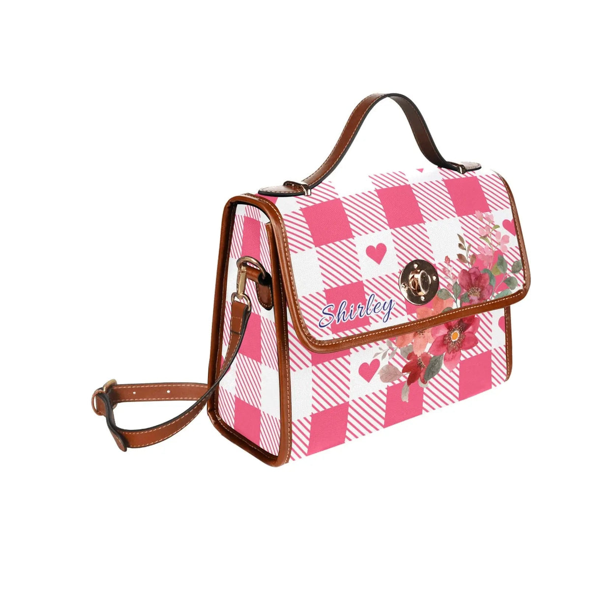 Personalized Waterproof Canvas Shoulder Strap Bag Tartan Heart Pink Flower Combo - Piryoung Shop