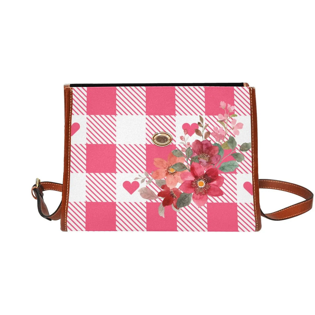 Personalized Waterproof Canvas Shoulder Strap Bag Tartan Heart Pink Flower Combo - Piryoung Shop