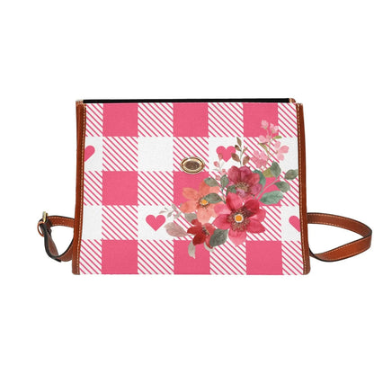 Personalized Waterproof Canvas Shoulder Strap Bag Tartan Heart Pink Flower Combo - Piryoung Shop