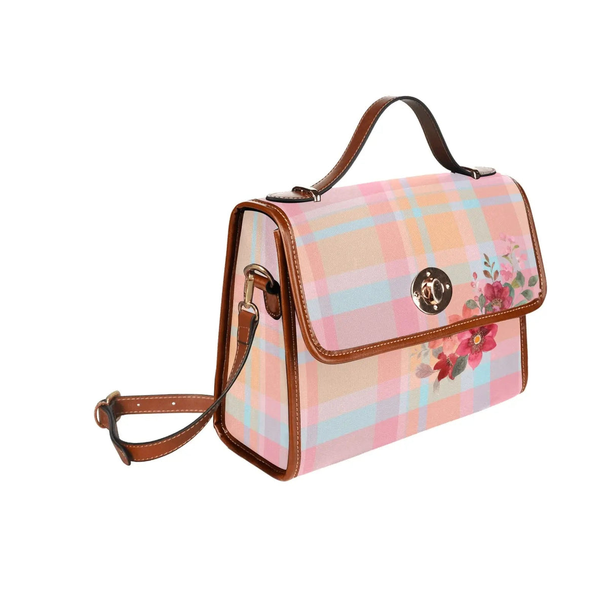 Personalized Waterproof Canvas Shoulder Strap Bag Tartan Pink Flower - Piryoung Shop