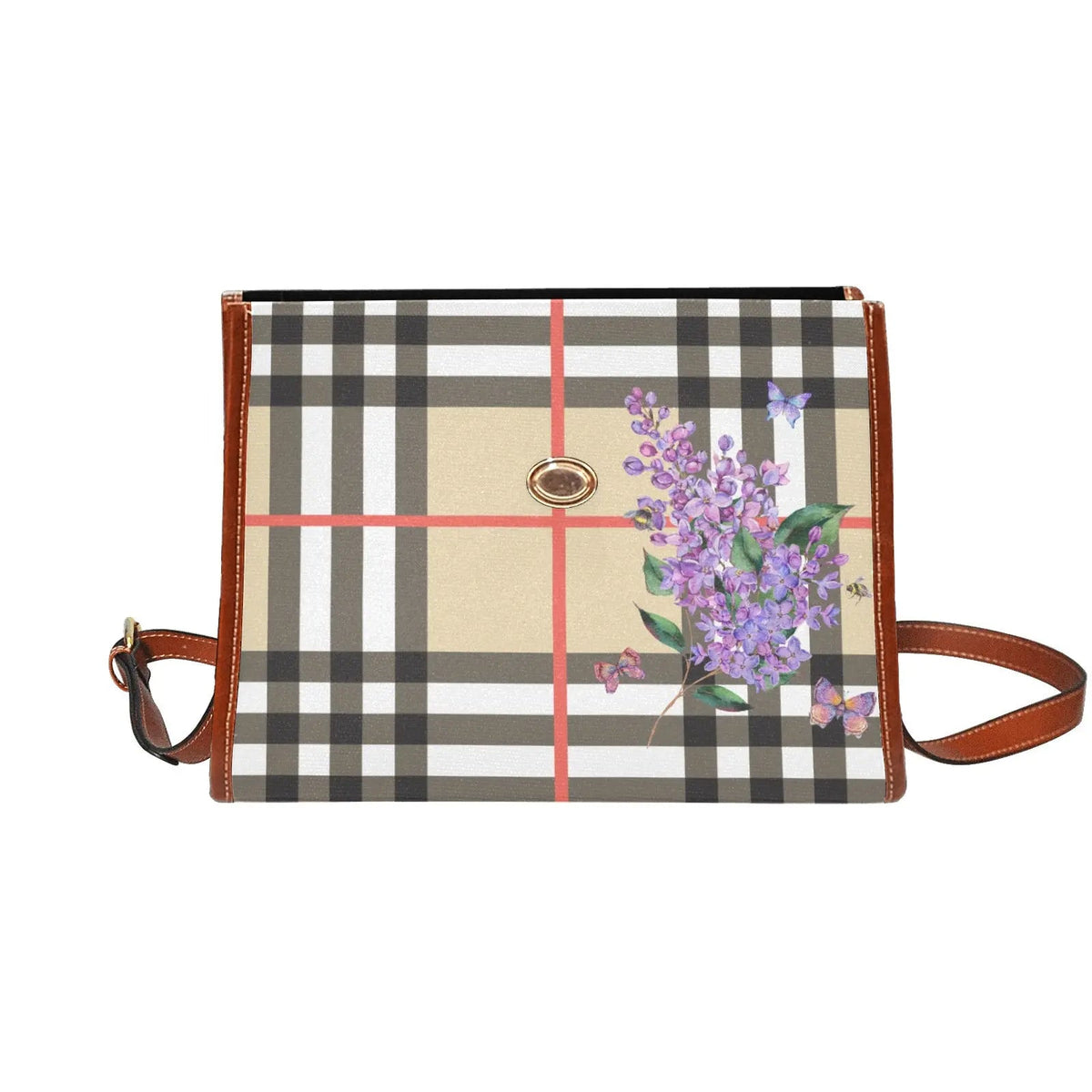 Personalized Waterproof Canvas Shoulder Strap Bag Tartan Purple Flower - Piryoung Shop