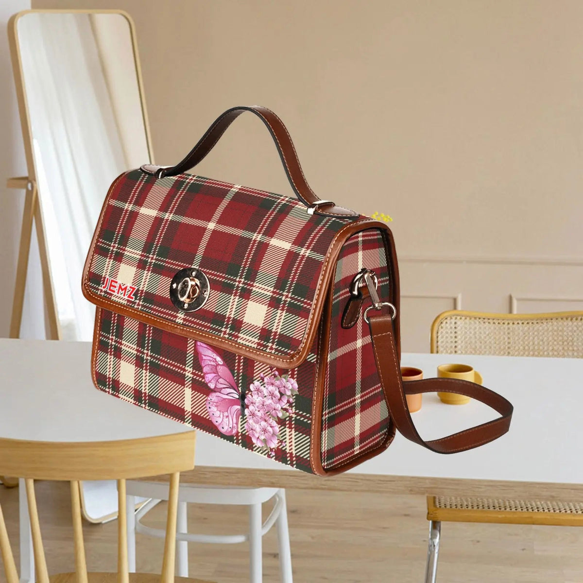 Personalized Waterproof Canvas Shoulder Strap Bag Tartan Red Butterfly - Piryoung Shop