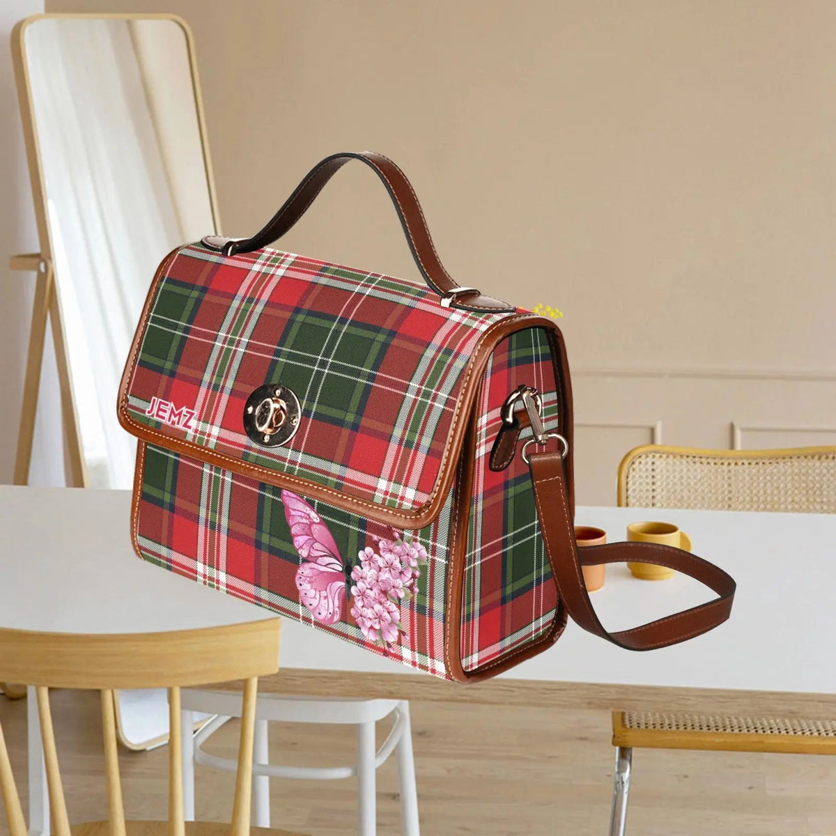 Personalized Waterproof Canvas Shoulder Strap Bag Tartan Red Butterfly - Piryoung Shop