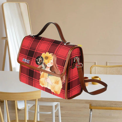 Personalized Waterproof Canvas Shoulder Strap Bag Tartan Red Sunflower Girl - Piryoung Shop