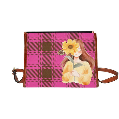 Personalized Waterproof Canvas Shoulder Strap Bag Tartan Red Sunflower Girl - Piryoung Shop