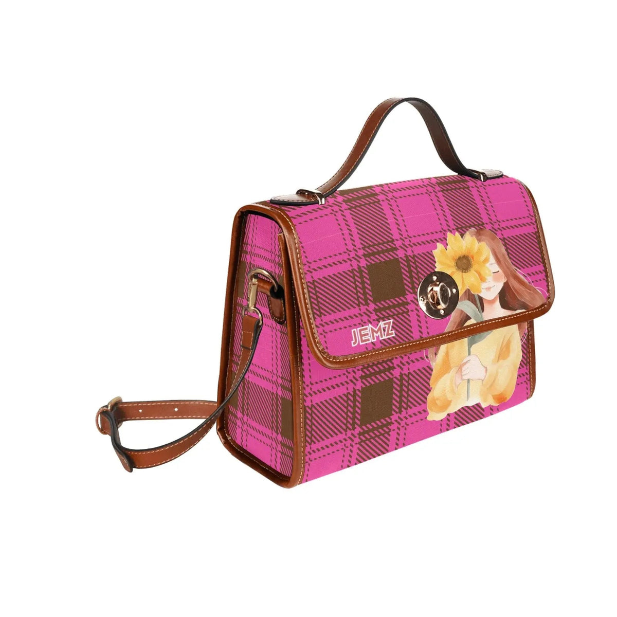 Personalized Waterproof Canvas Shoulder Strap Bag Tartan Red Sunflower Girl - Piryoung Shop