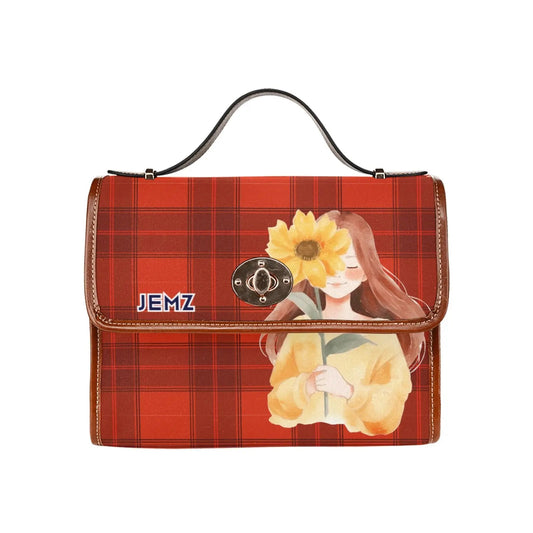 Personalized Waterproof Canvas Shoulder Strap Bag Tartan Red Sunflower Girl - Piryoung Shop