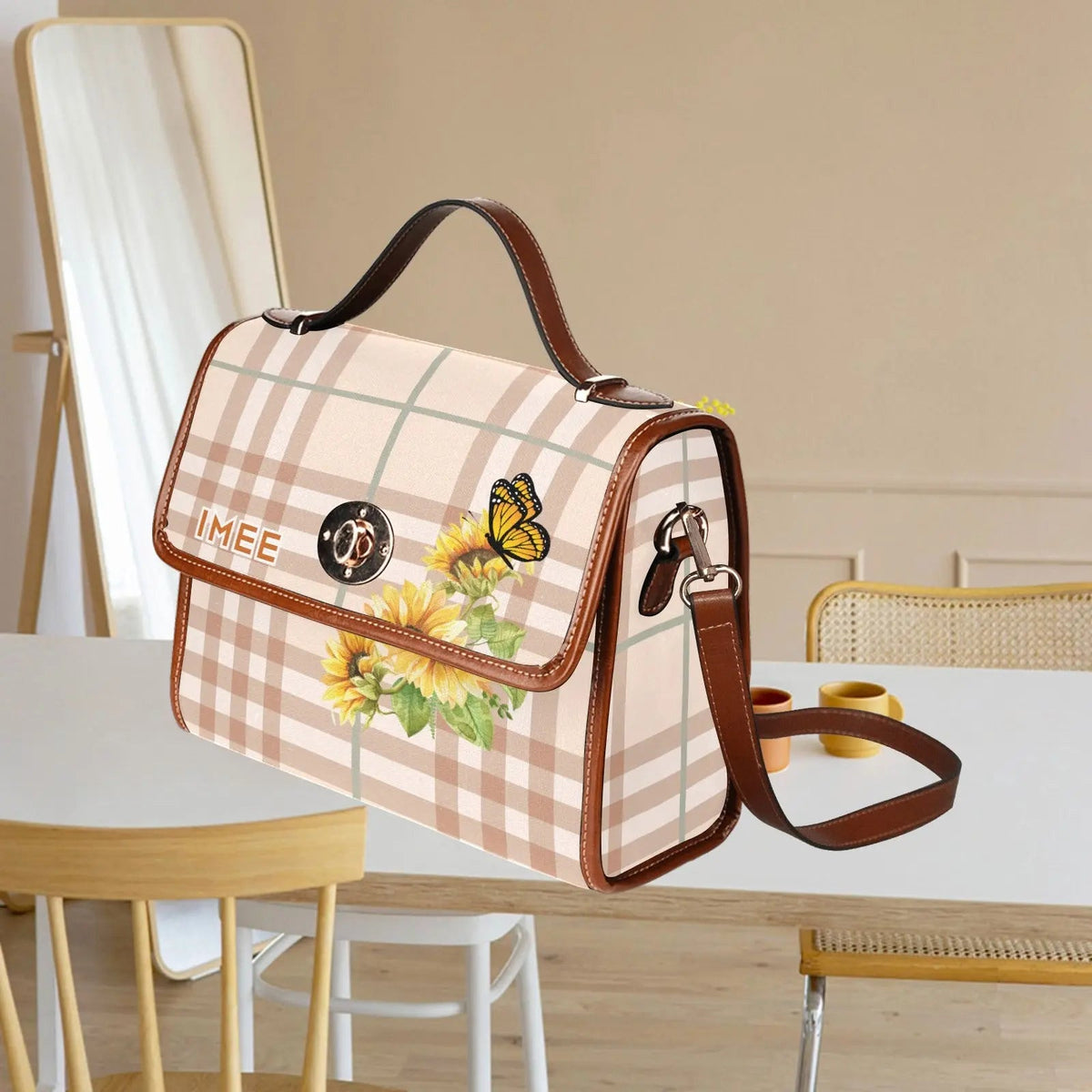 Personalized Waterproof Canvas Shoulder Strap Bag Tartan Sunflower - Piryoung Shop