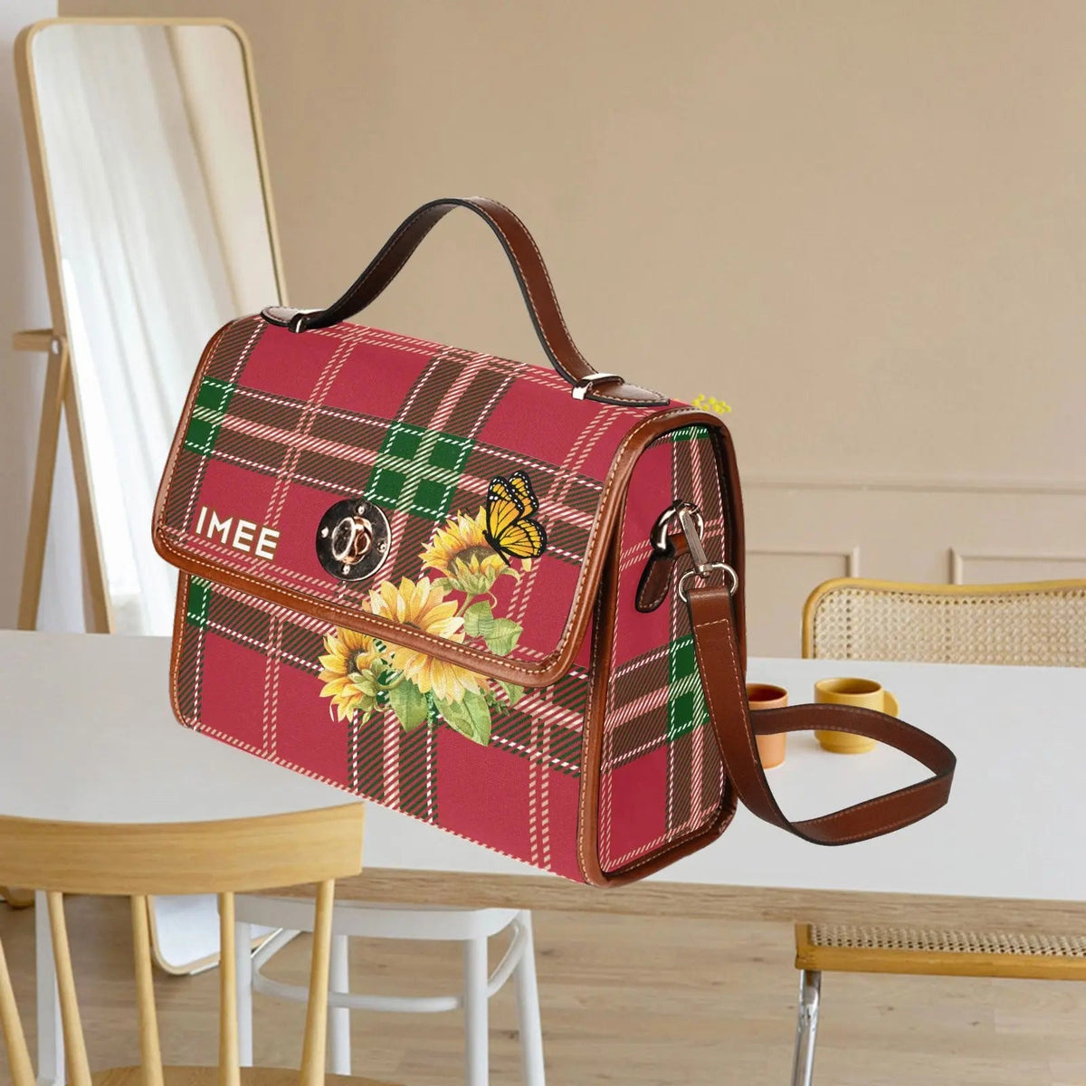 Personalized Waterproof Canvas Shoulder Strap Bag Tartan Sunflower Butterfly - Piryoung Shop