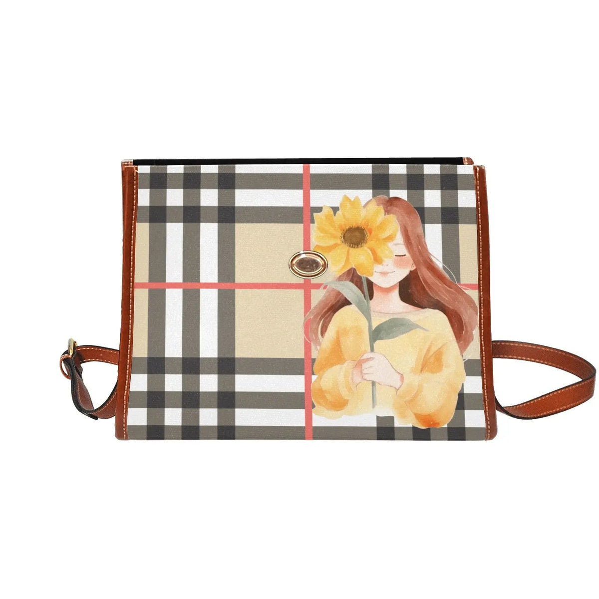 Personalized Waterproof Canvas Shoulder Strap Bag Tartan Sunflower Girl - Piryoung Shop