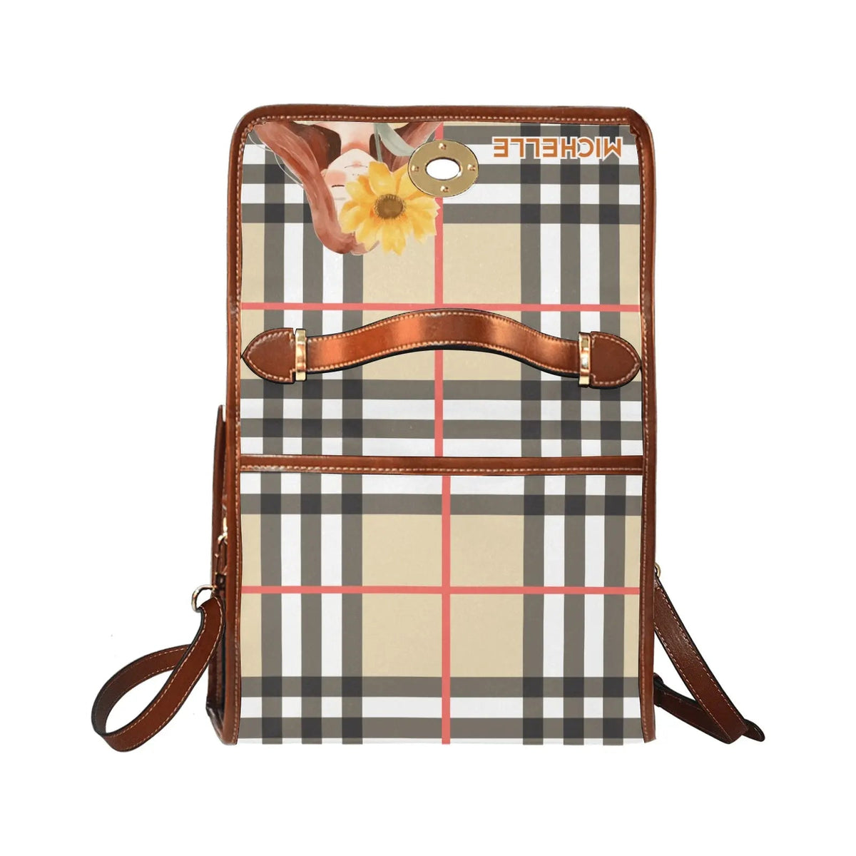 Personalized Waterproof Canvas Shoulder Strap Bag Tartan Sunflower Girl - Piryoung Shop