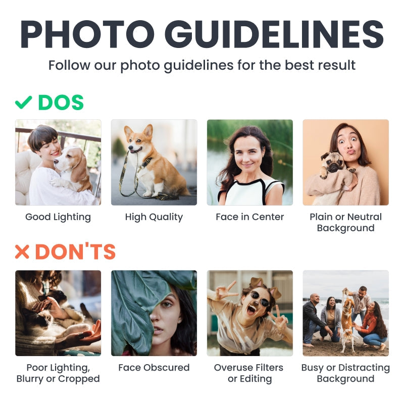 Personalized keychain photo guidelines: Acceptable and unacceptable photo examples.
