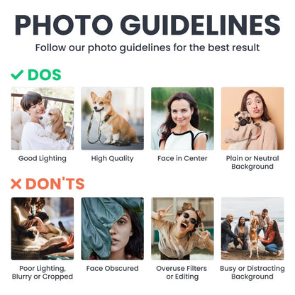 Personalized keychain photo guidelines: Acceptable and unacceptable photo examples.
