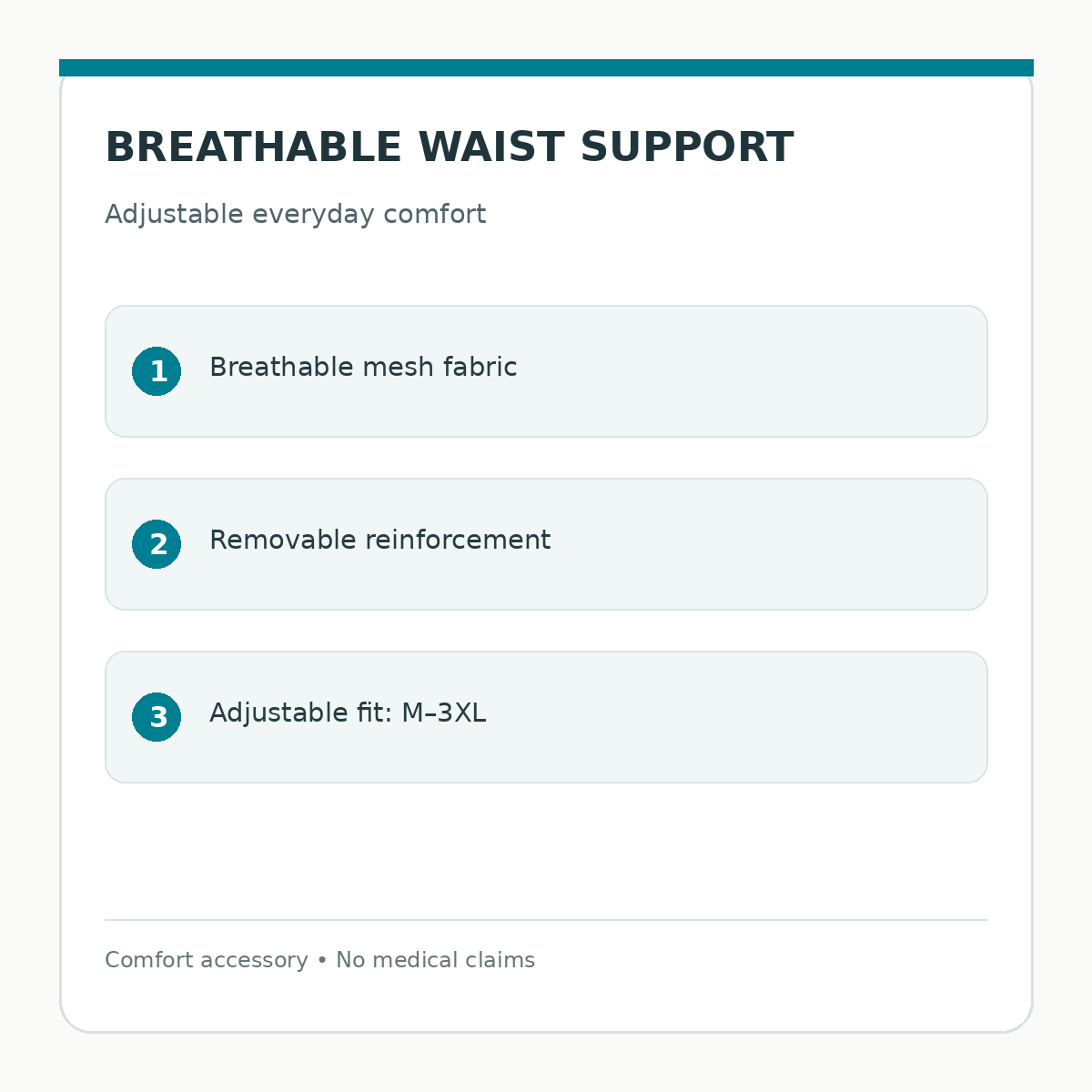 Breathable Adjustable Waist Support product information infographic