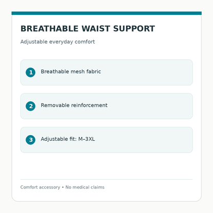 Breathable Adjustable Waist Support product information infographic