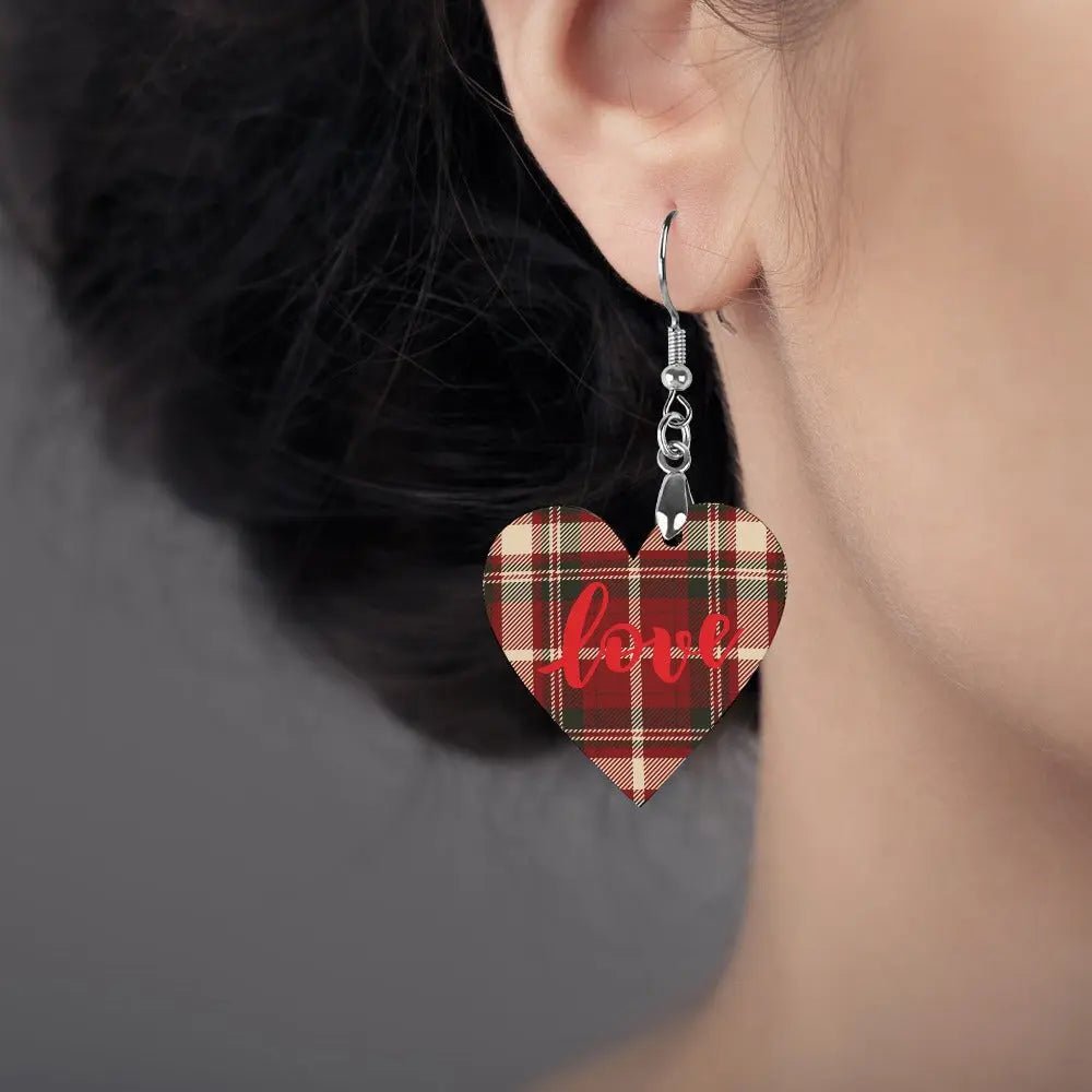 Tartan Wooden Heart Love Earring - Piryoung Shop